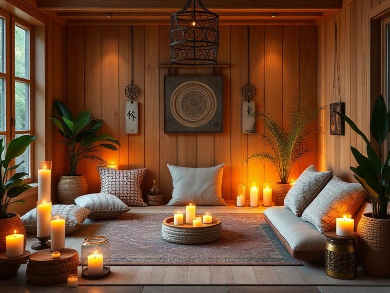 A quiet, softly lit room with cushions, plants and candles