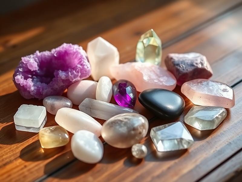 Polished natural stones of different colours on a wooden table